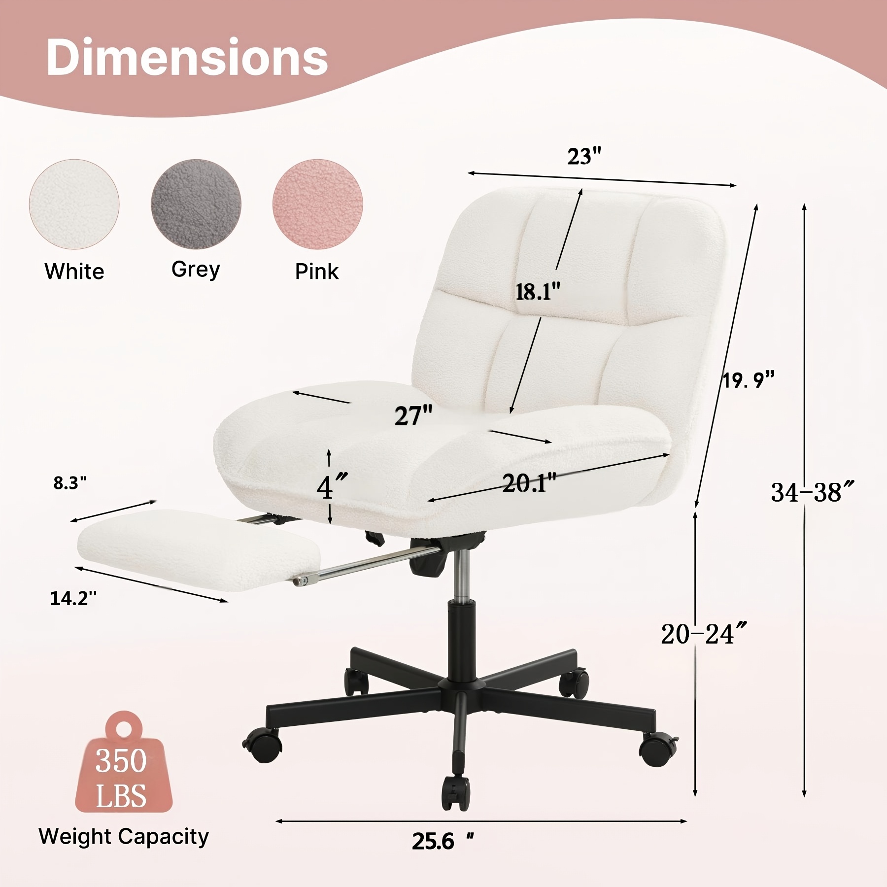 Vanity Chair with Footrest, Teddy Fleece Vanity Chair, Height Adjustable Swivel Desk Chair, 90°-120° Recline, with Wheels, for Bedroom, Home Office, Makeup