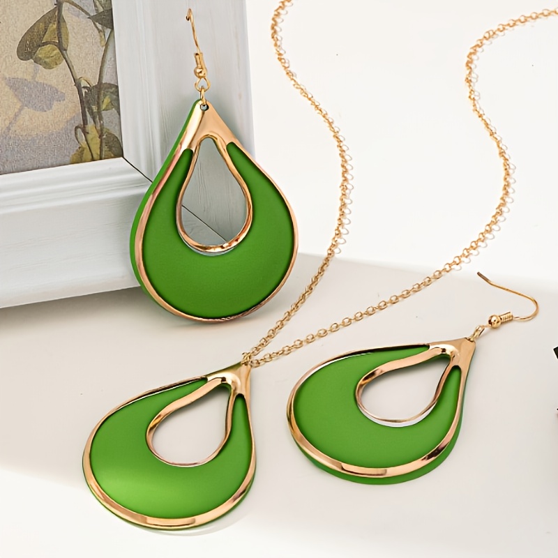 TEMU Fashionable New Earring And Necklace Set, Simple And Elegant Women's Creative Teardrop Metal Spray-painted Earrings And Necklace Set