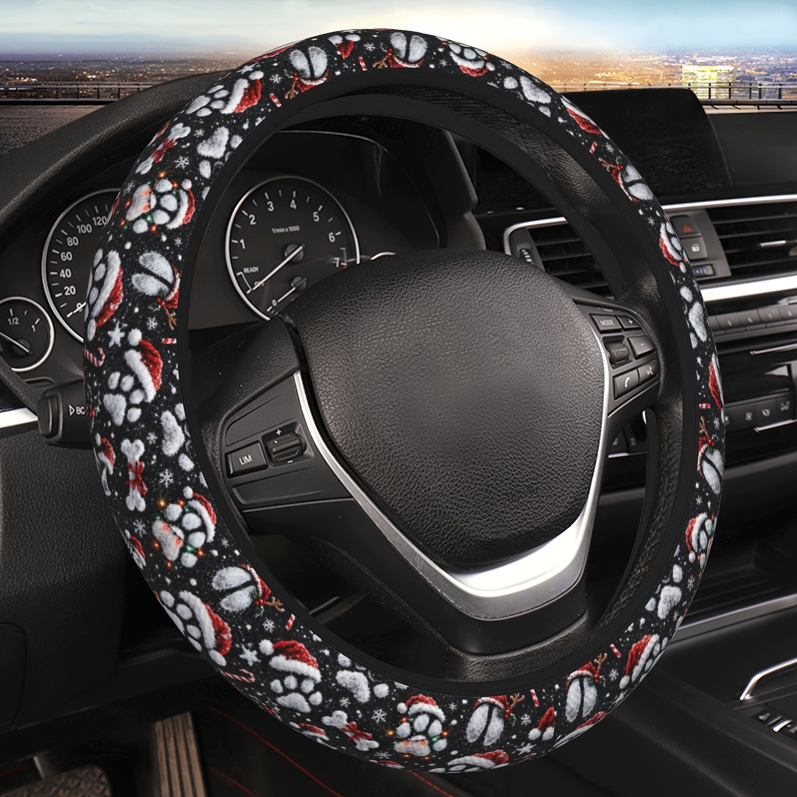 TEMU 1pcsteering Wheel Cover For 15 Inch Wheels - No Durable & Interior Accessory Christmas Paw Print Pattern