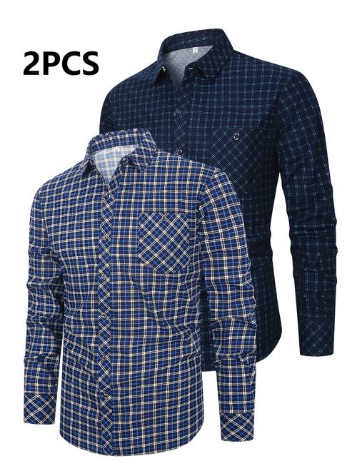 2pcs plus size mens long sleeve casual shirt thin style checkered autumn winter shirt for men plus size