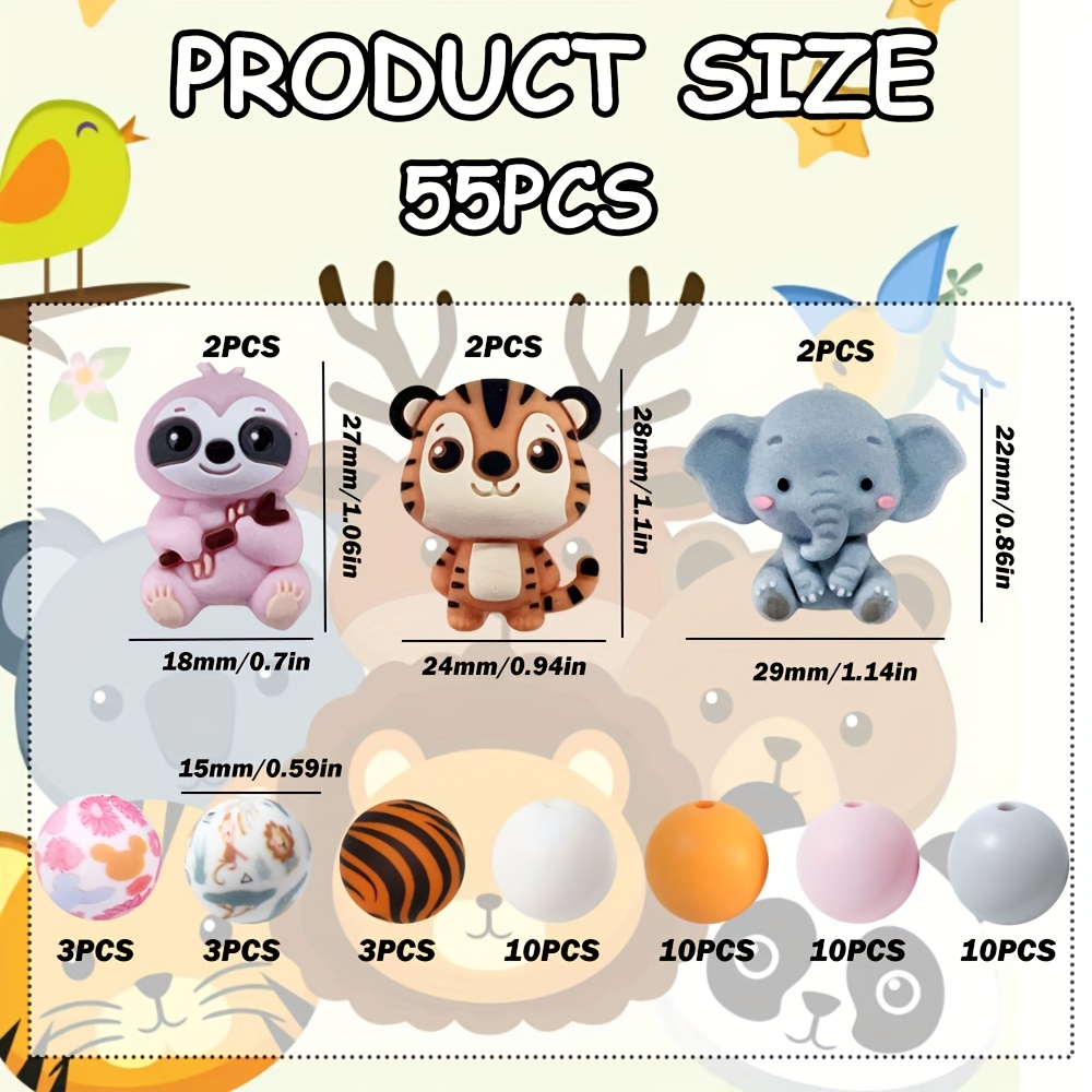 TEMU 55pcs 3d Animal-shaped Silicone Beads (sloth, Tiger, Elephant) Are Perfect For Jewelry, Pen Decorations, And Lanyard Additions - A Diverse Range