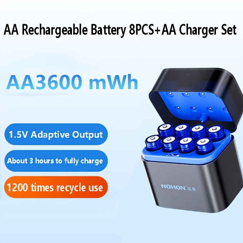 TEMU Piles AA Lithium Rechargeables avec Chargeur, Lot de 8 1.5V 3600mWh, Lot de 8 1.5V 1300mWh Pile Double A pour , Caméra de Chasse, , Contrôleur