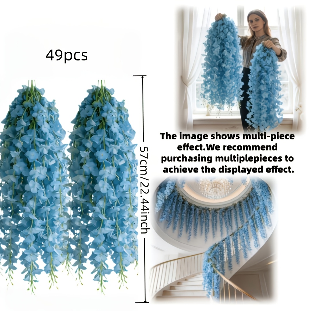 TEMU 49 Artificial Flowers. High-end Artificial Blue Vine Flowers, Dense Blue Vine Hanging Flower Strands, Outdoor Artificial Flowers, Holiday