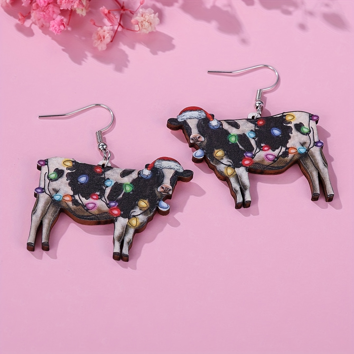 

[popular ] Christmas Cow Dangle Earrings With Lights - Wooden, Holiday Parties & Gifts,