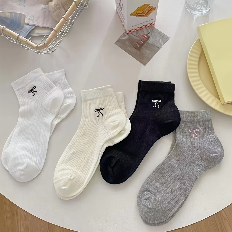 

4 Pairs Bow Print Socks, Sweet & Lightweight Short Socks, Women's Stockings & Hosiery For Fall & Autumn