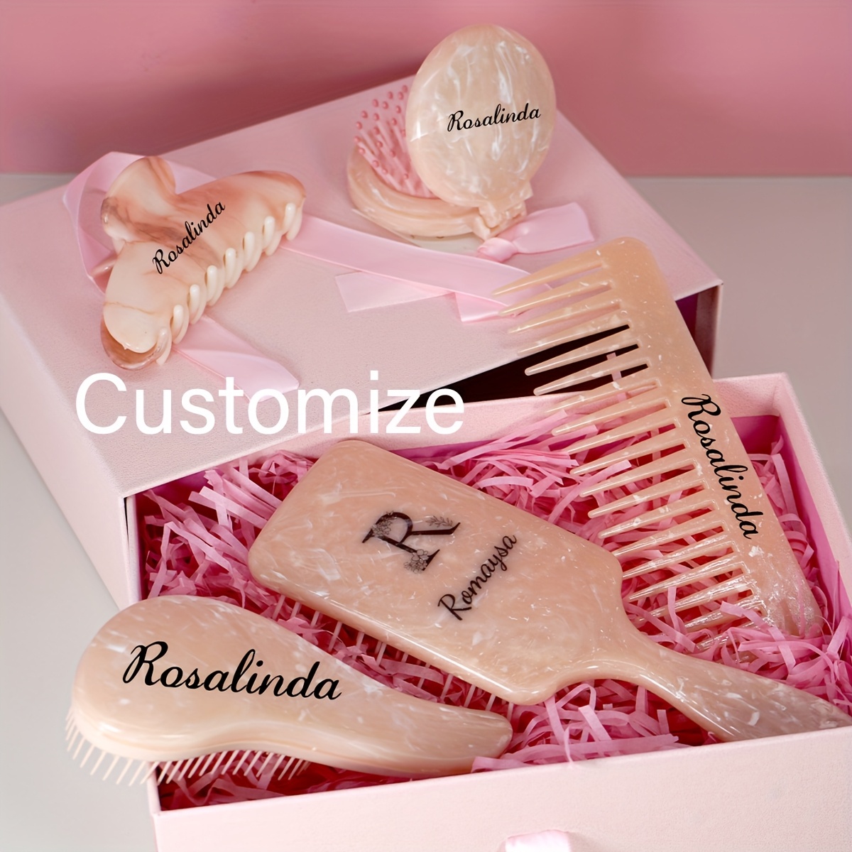 E-shop 5-teiliges personalisiertes Kamm-Set, Haarbürste, breitzahniger Kamm, Marmor-Luftkissenkamm mit Griff, Mini & tragbare Entwirrbürste, rosa