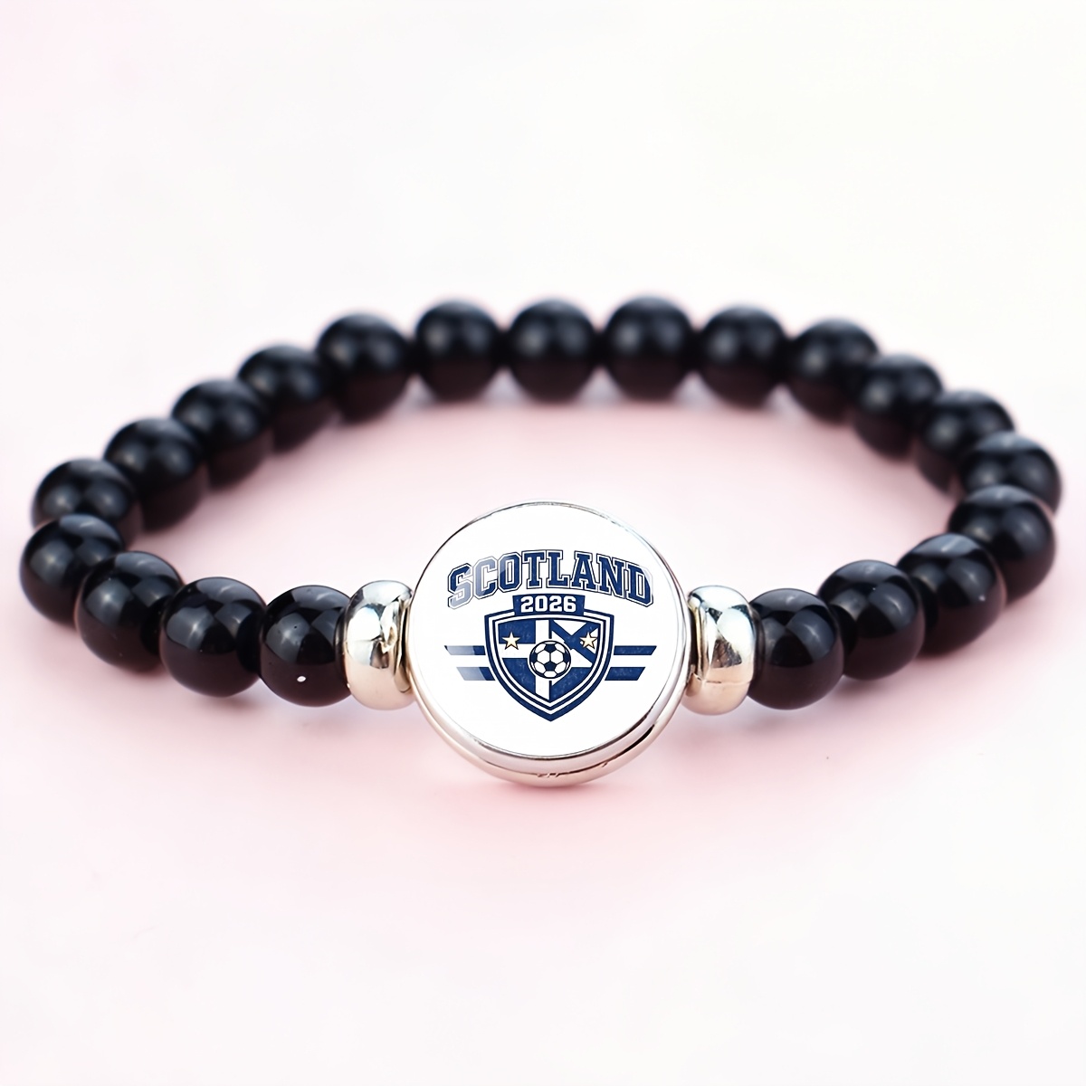 TEMU 1pc Scotland 2026 Football Team Logo Elastic Beaded Bracelet With Button Charm For Sports Fans And Casual Wear