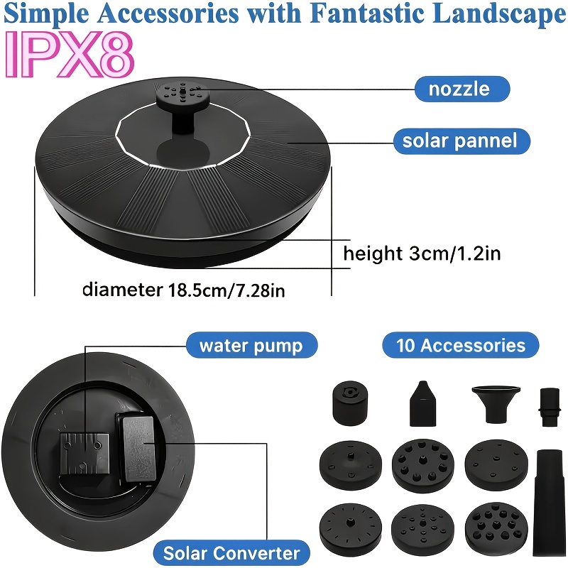 TEMU Pompa solare per fontana potenziata da 3W con 10 accessori e quattro aste fisse, kit pannello pompa ad acqua solare sommergibile IPX8 per vasca