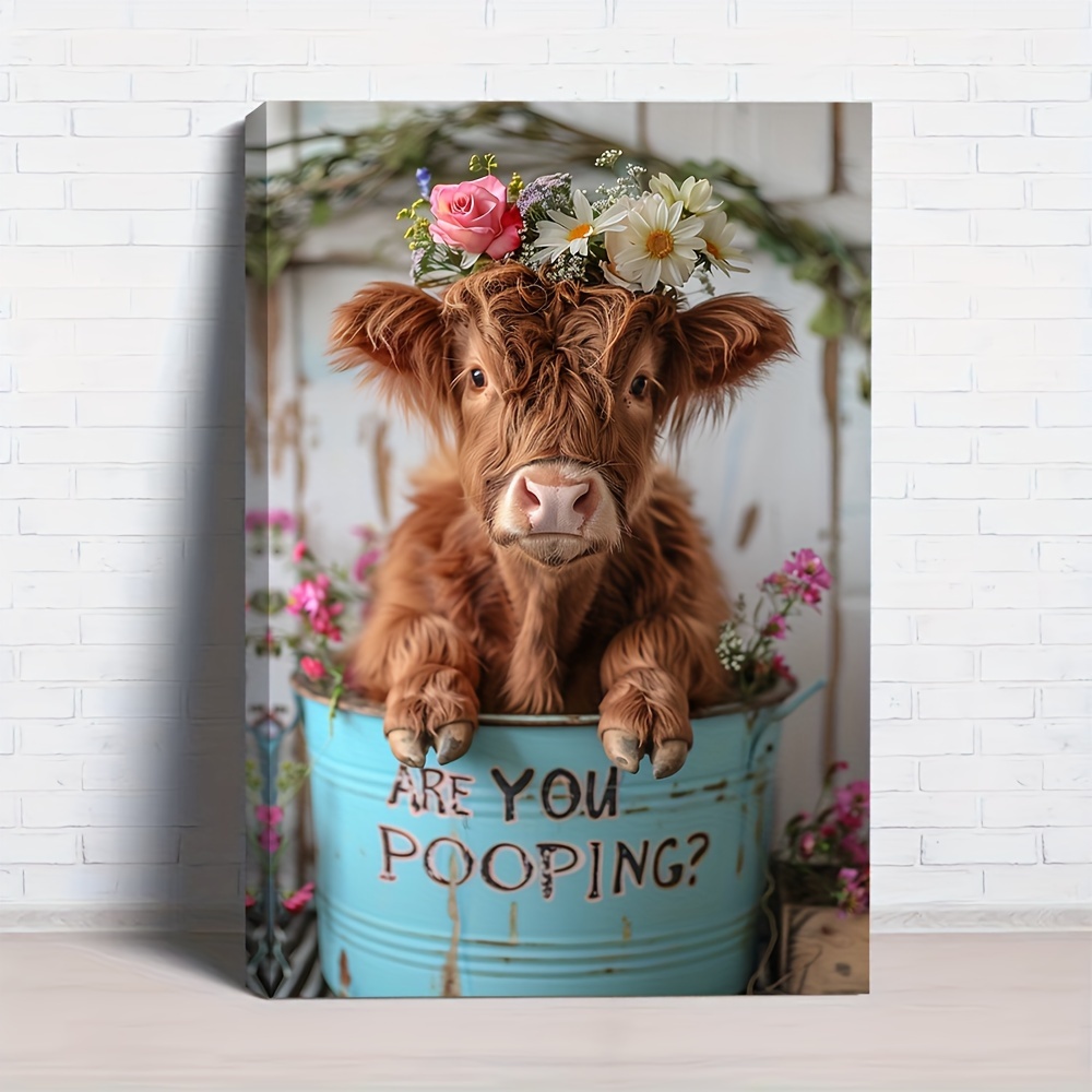 

1pc Wooden Framed Canvas Painting Highland Cow & Flowers Wall Art Prints For Home Decoration, Living Room, Bedroom, Bathoom & Bathtub, Festival Party Decor, Gifts, Ready To Hang