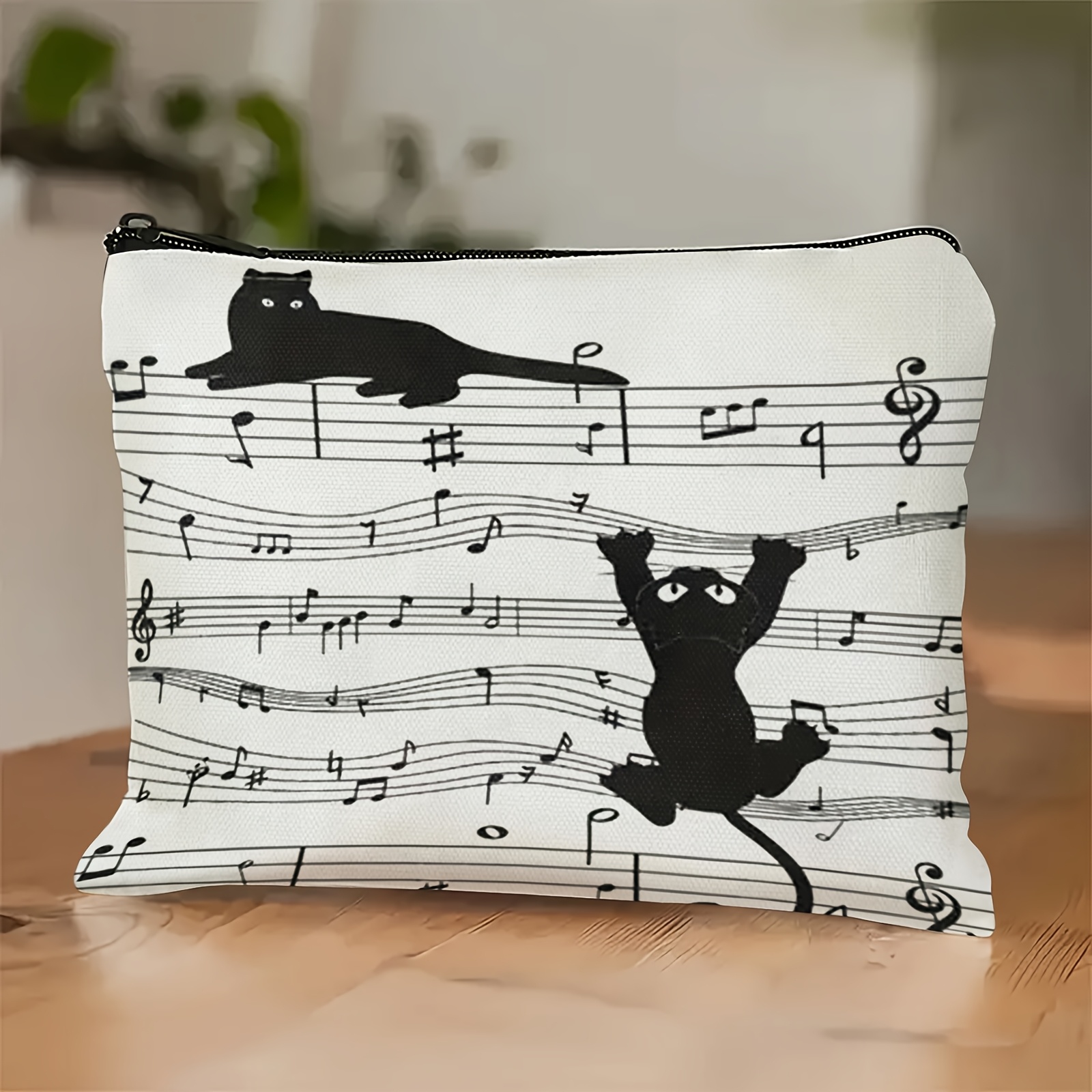 TEMU 1pc Double-sided Printed Fresh And Style Black Cat With Musical Staff Music Theme Makeup Bag - Features A Creamy With An Illustration Of 2 Black