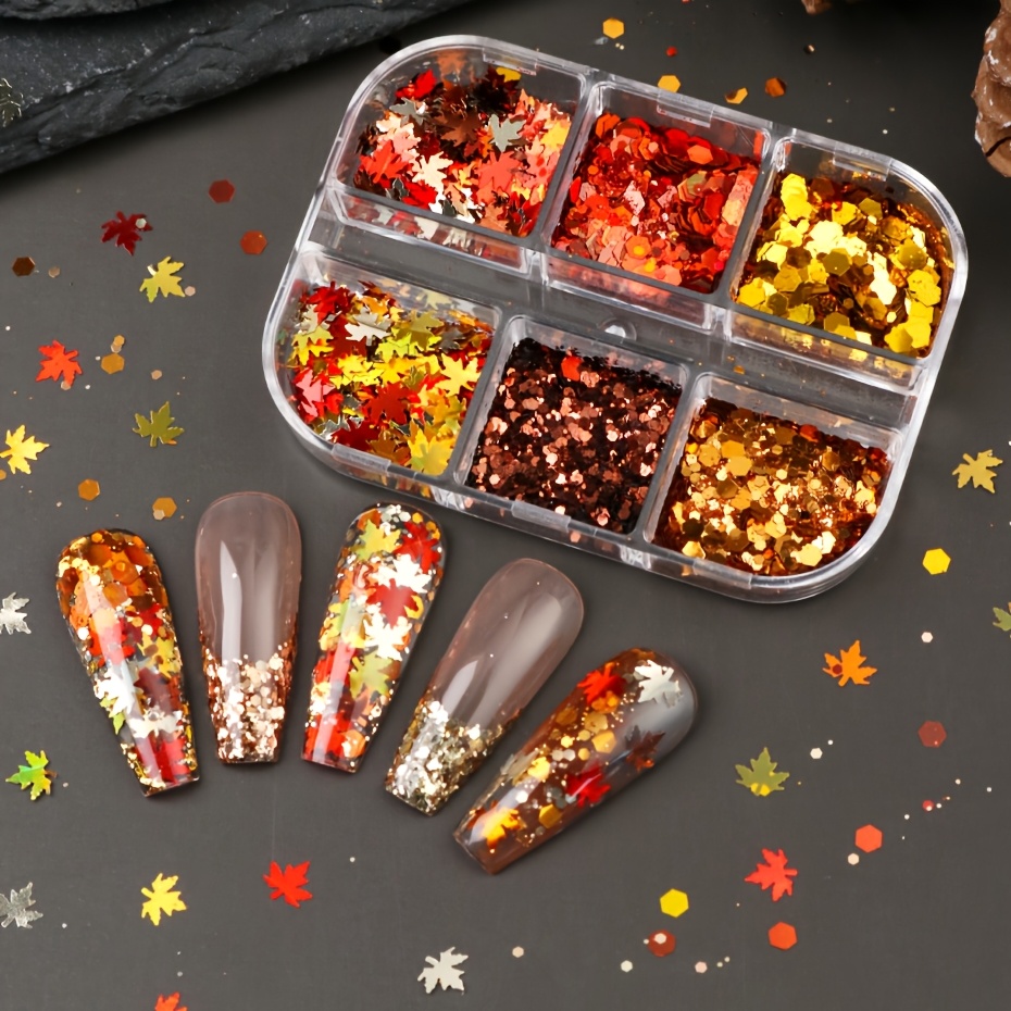 Reddish Brown Tones Fall Maple Leaf Nail Glitter Sequins Set