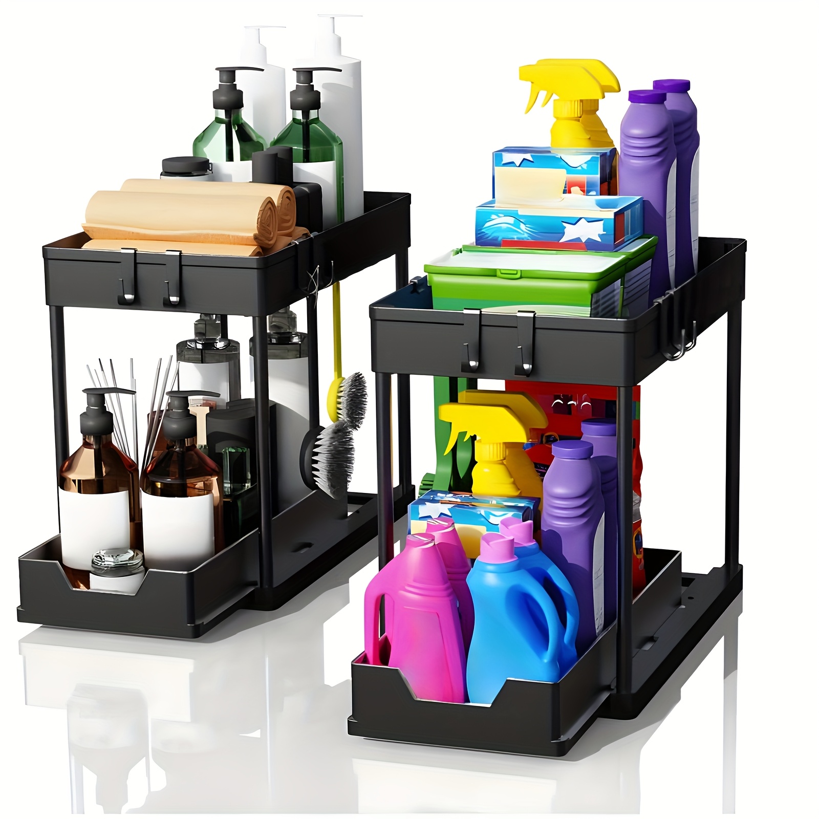 TEMU 2 Pack Under Sink Organizers And Storage, 2-tier Sliding Cabinet Basket Organizer With Hooks, Bathroom Storage Rack Organizer, Storage Basket