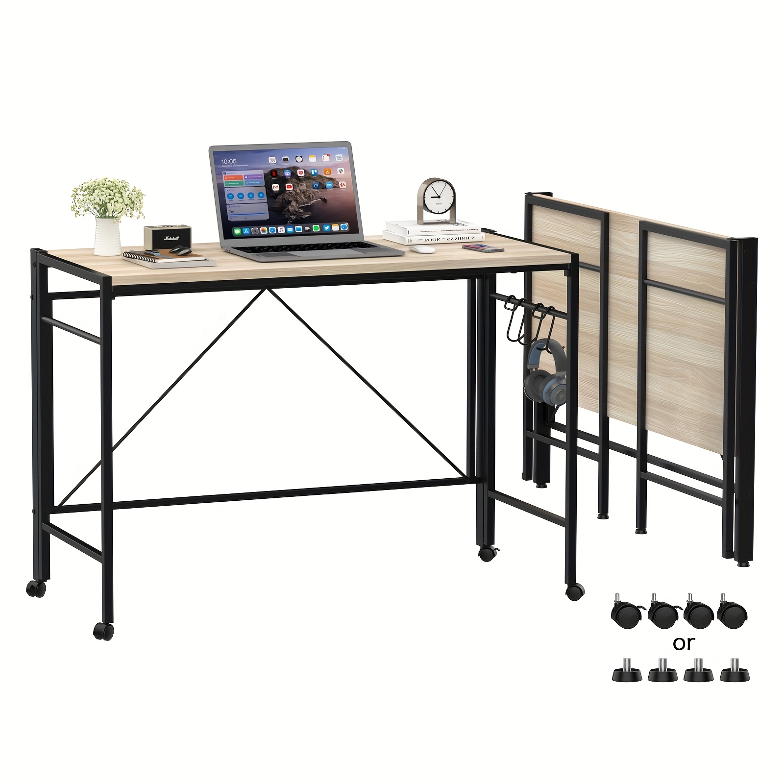 TEMU Table pliante avec roulettes, bureau portable pour ordinateur, table PC beige 110x50x75cm