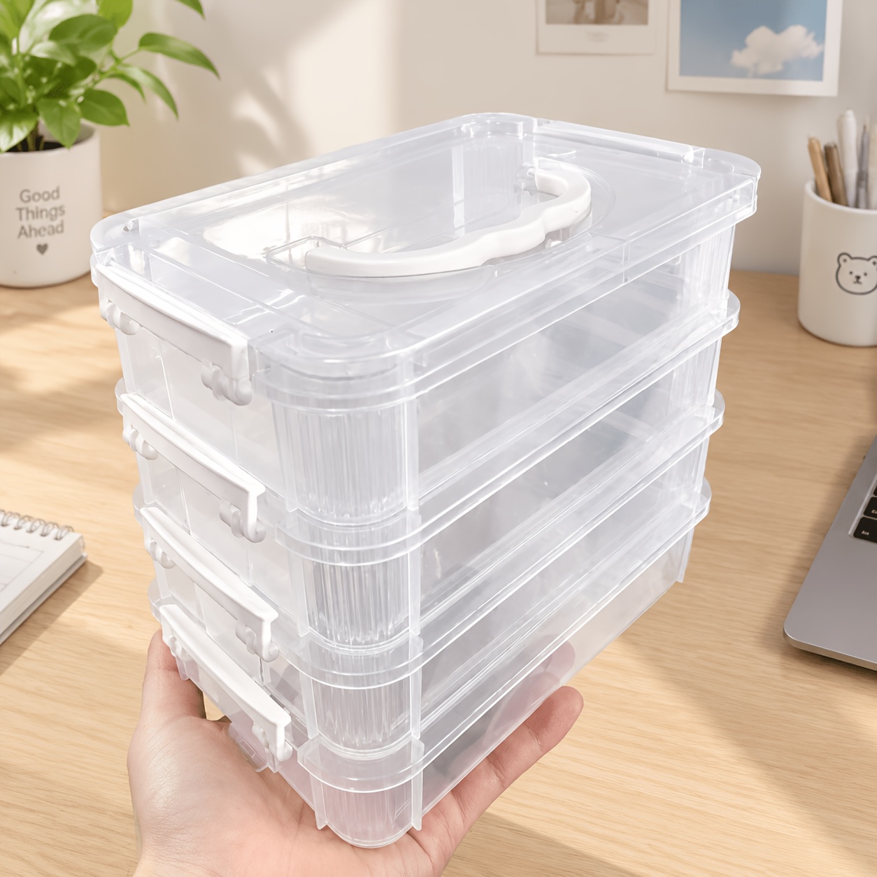 TEMU Zxf Large Capacity Transparent Plastic Storage Box With Handle, Desktop Organizer, Stackable Design, Compartment Drawer Style, Ideal For Storing