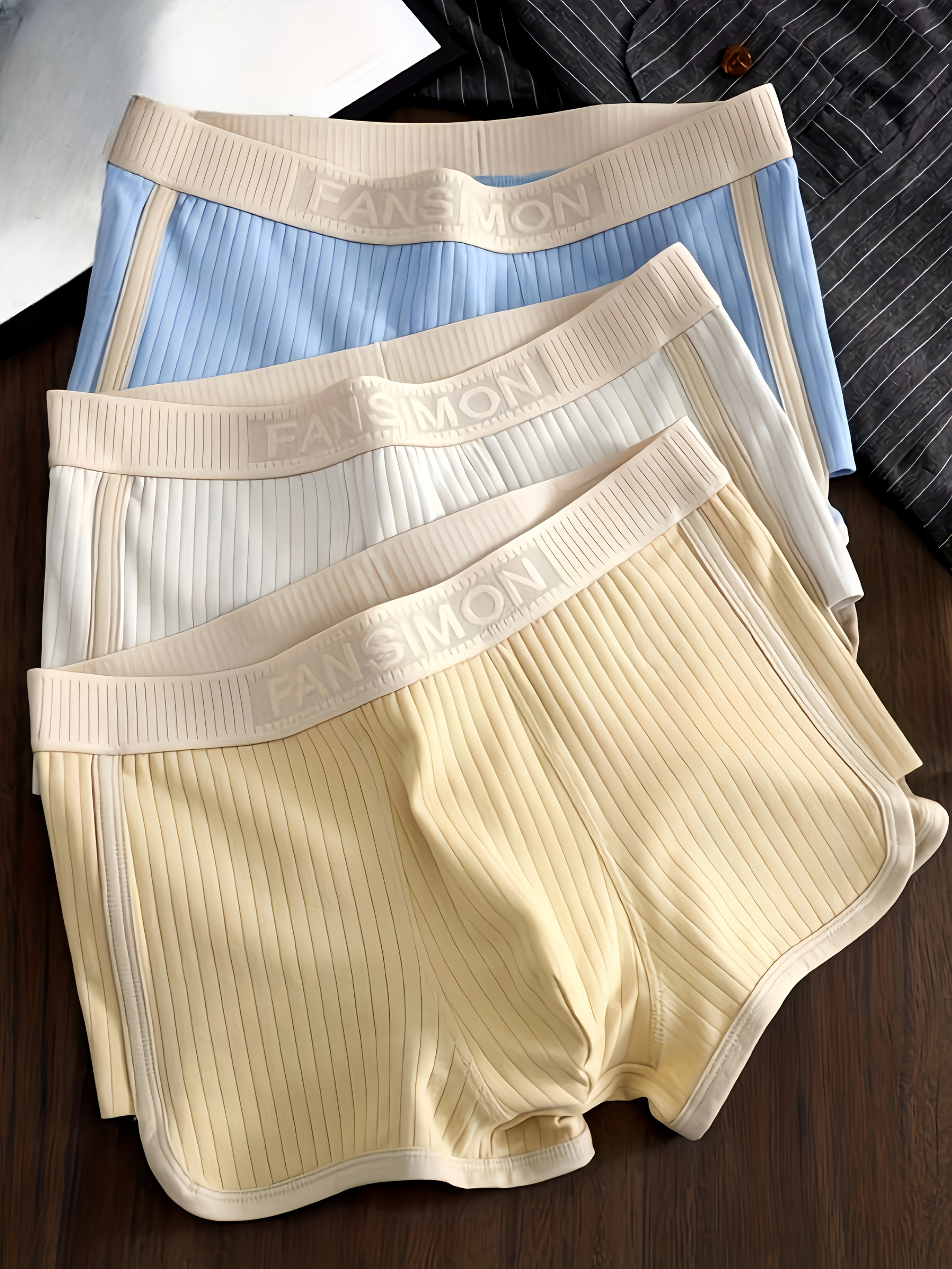 3pcs Men's Boxer Briefs - Breathable Mid-Rise Underwear with Elastic Waistband, Soft Stretch Polyester-Spandex Blend, Non-See-Through Knit Fabric, Solid Colors (Light Blue/Beige/White/Light Khaki) - Machine Washable, Everyday Comfort, Minimalist Design, Durable Construction, High Elasticity