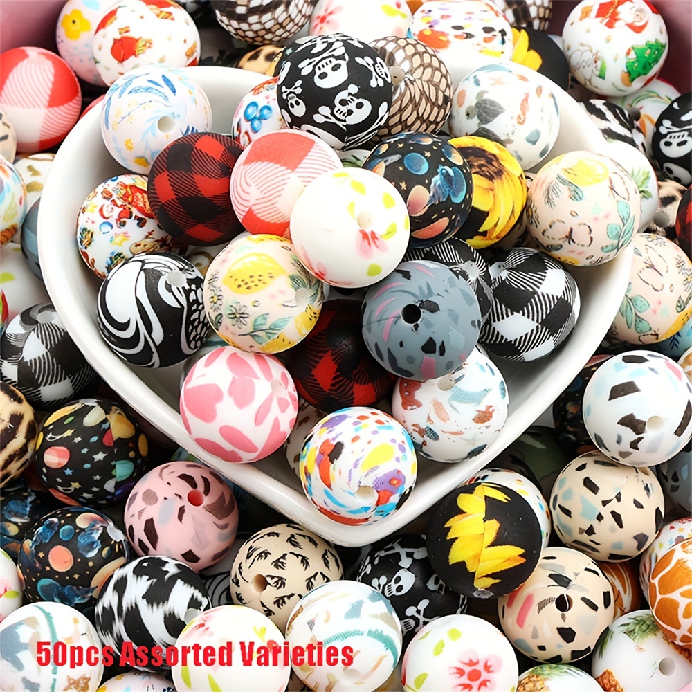 

50pcs Colorful 15mm Silicone Water Transfer Beads For Diy Jewelry Making Leopard Print Design Loose Beads For Making Bracelet Necklace Crafts Accessories