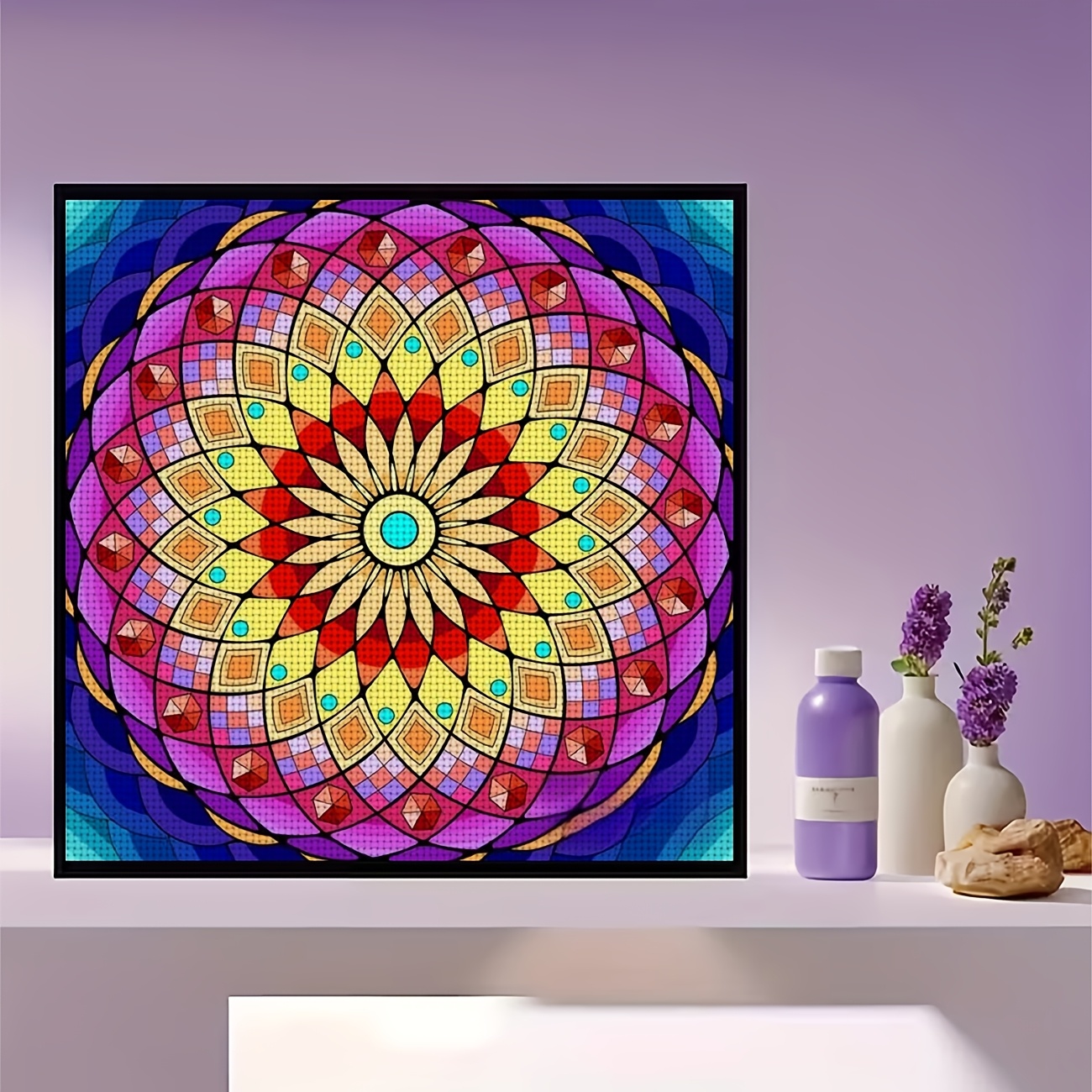 DIY Cross Stitch Print Kit, Frameless Colorful Symmetrical Mandala Pattern