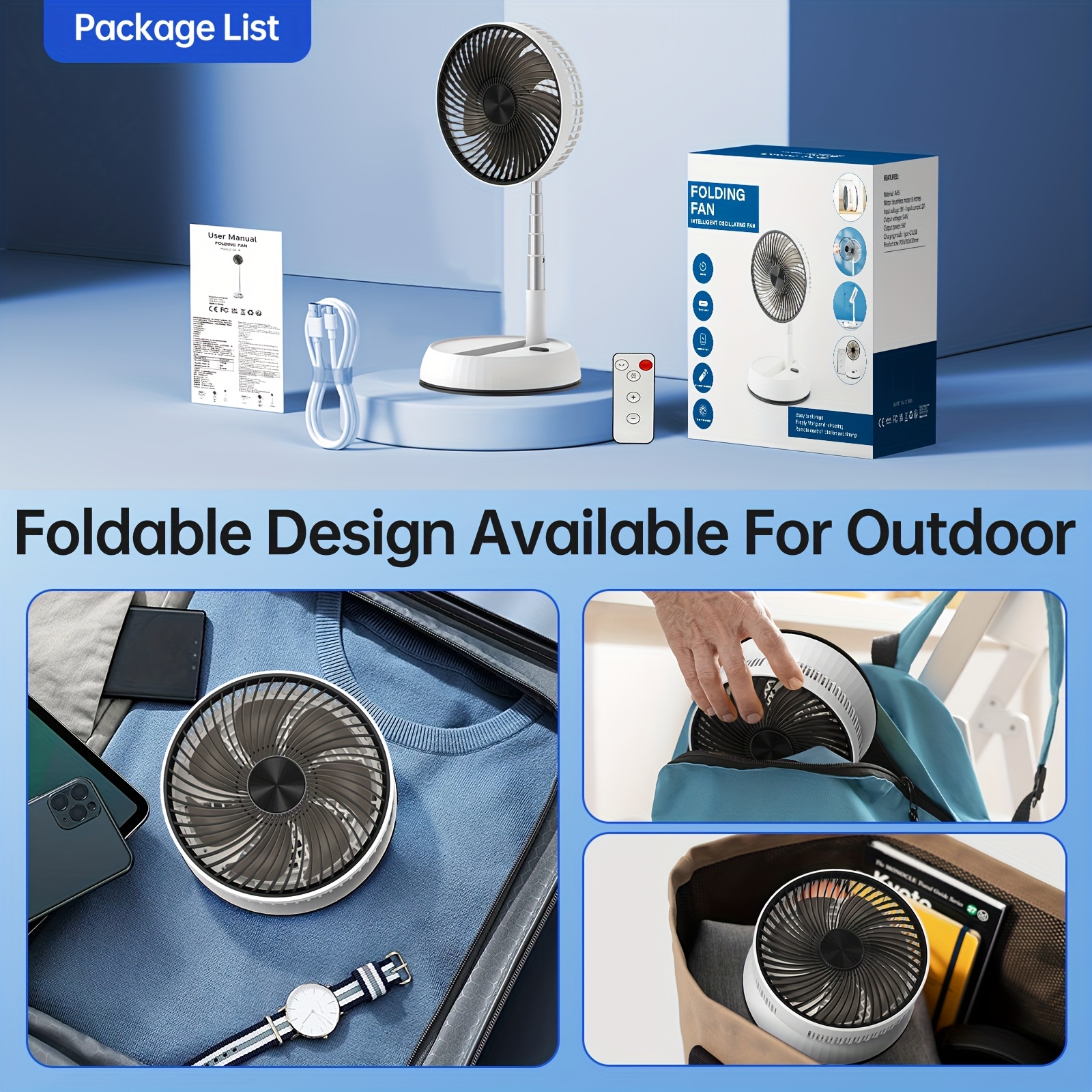 Portable 8-Inch Folding Fan with a 7200Mah High-Capacity, Featuring a Retractable Design And Remote Control, Ideal for Outdoor Activities And Camping