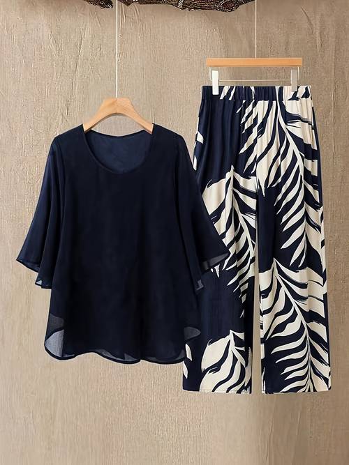 plus size womens loose fit loungewear set black chiffon flare sleeve top and black leaf print wide leg pants casual summer 2pcs outfits