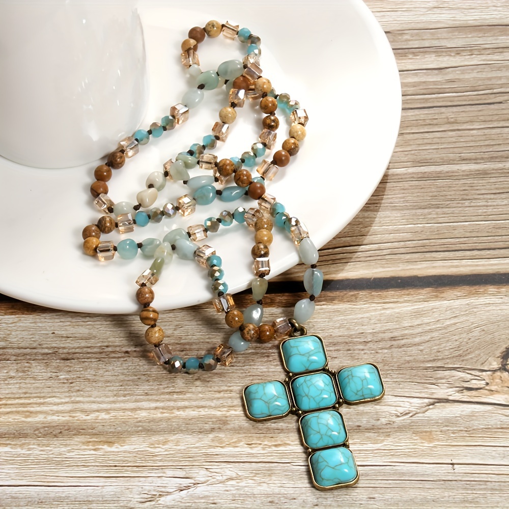 

Spring Series Trendy Bohemian Style Turquoise Natural Green And Blue Stone Glass Knot Necklace Square Cross Pendant Necklace Sweater Chain For Women