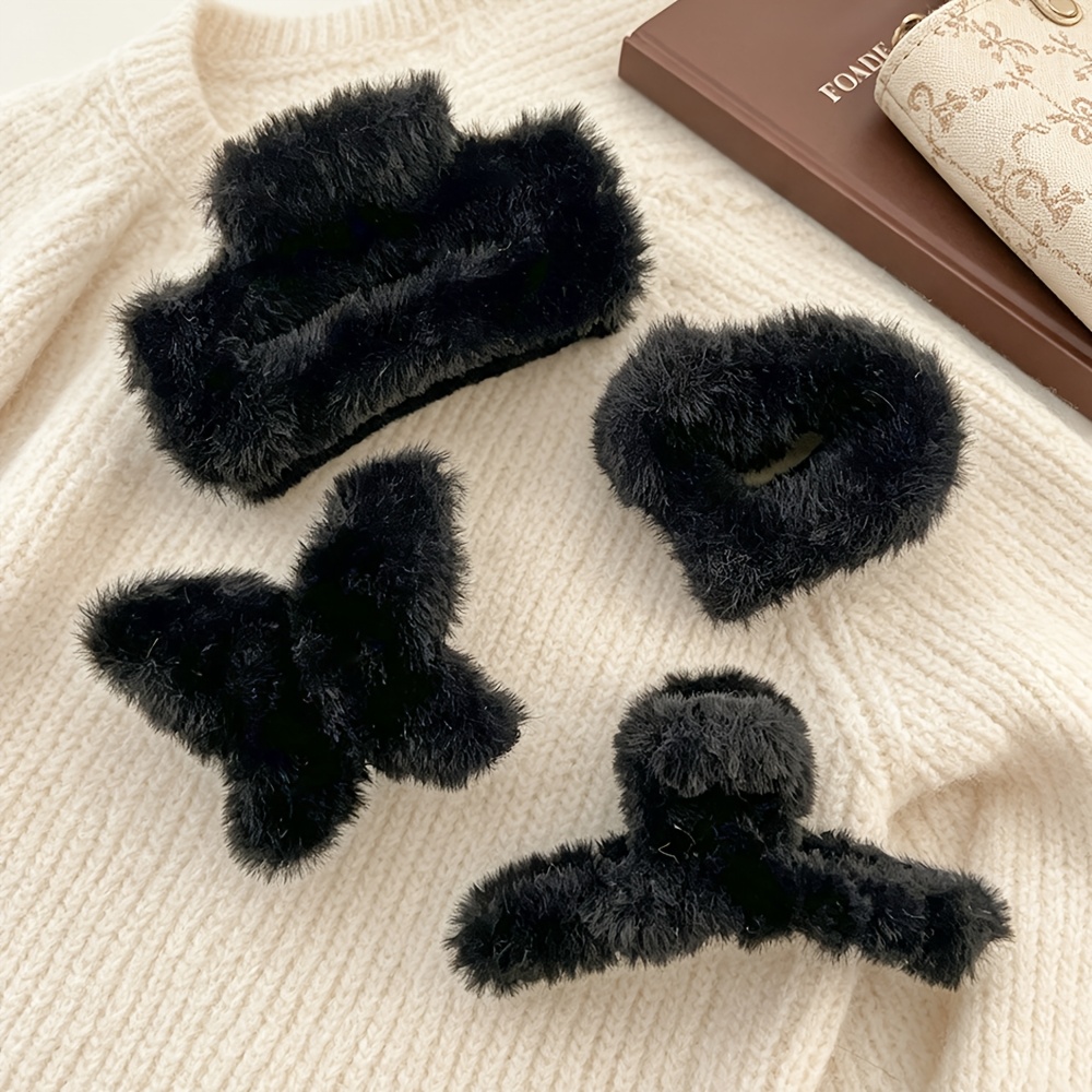 TEMU 4pcs Black Plush Hair Clips, Autumn/winter Style, Women's Elegant Back-of-the-head Shark Clips. Featuring Square, Crisscross, Heart, And Bow