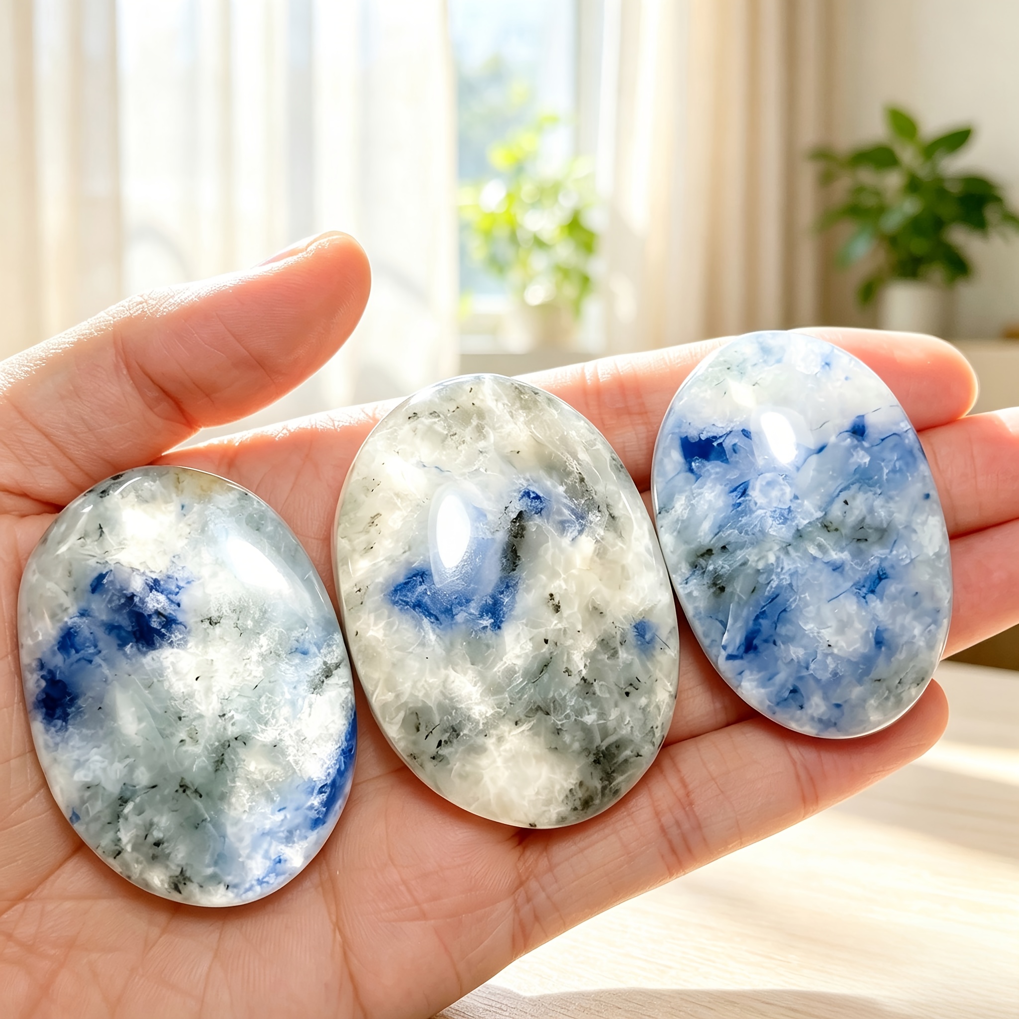 Random Polished Smooth Sodalite Palm Stone, Natural Blue White Decor