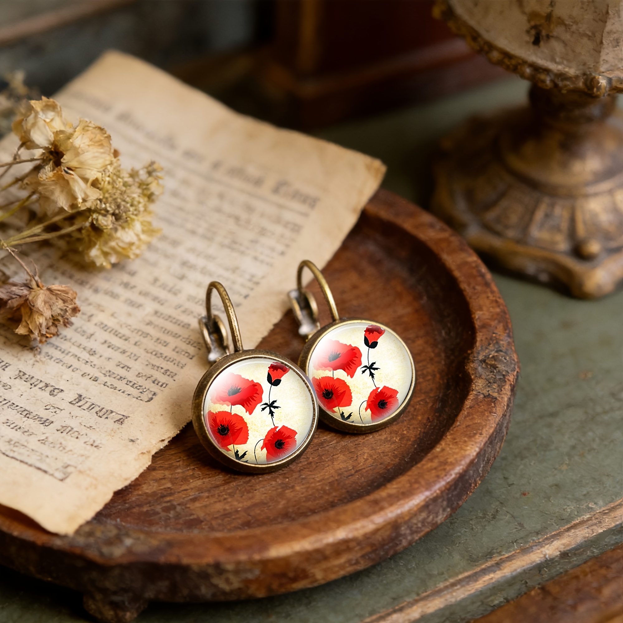 Cyan Round Classical Earrings with Floral Print, Unisex