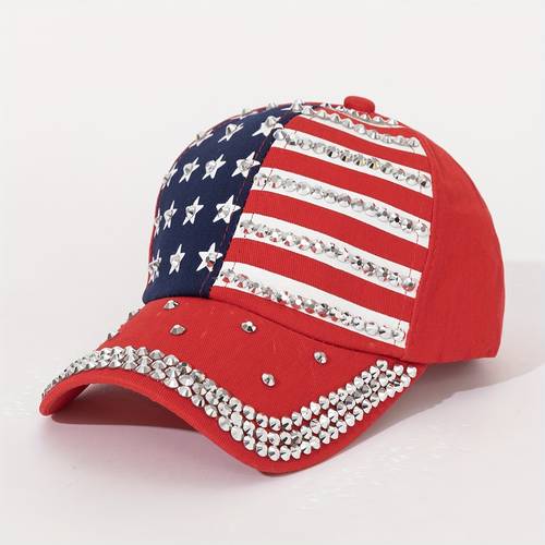 1pc patriotic american flag baseball cap with embellishments handcrafted commuter hat for everyday wear white with and red stripes polyester fabric american durable headgear baseball cap