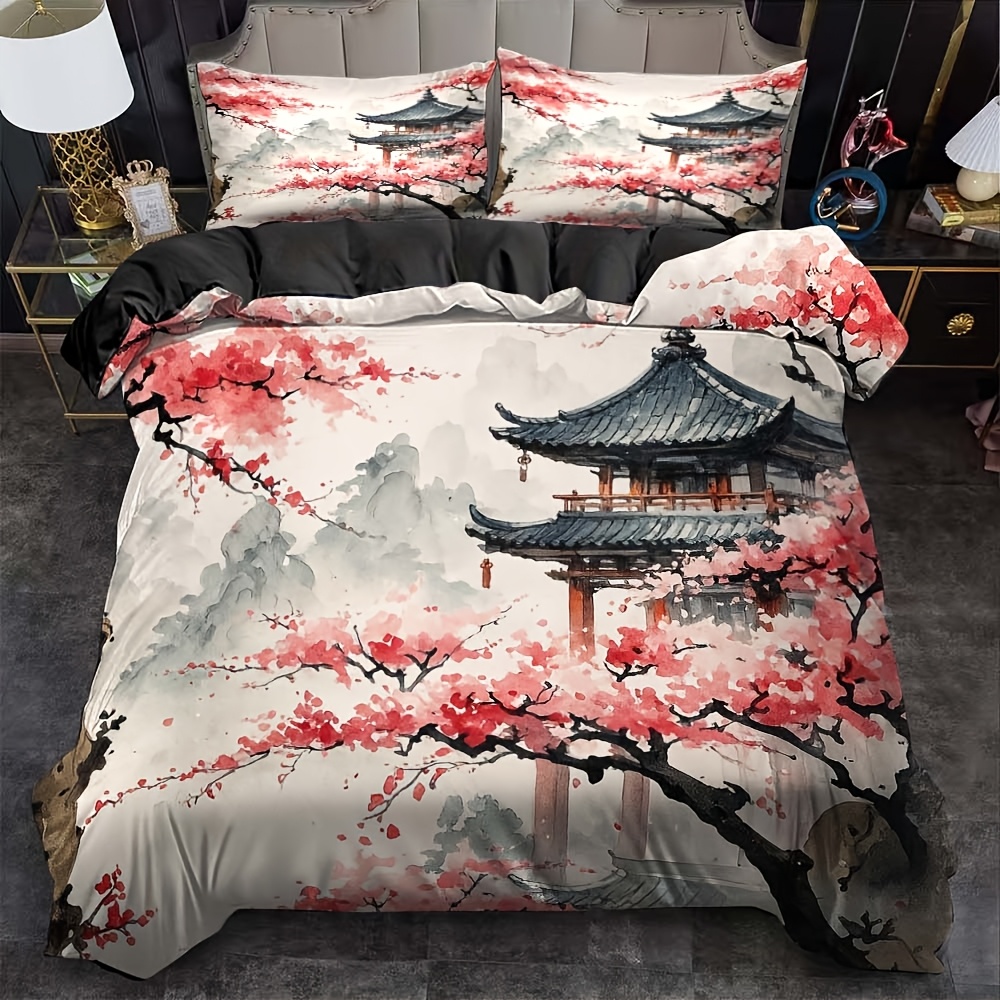 TEMU 3 pièces Housse de Couette Style Traditionnel Chinois à l'Encre avec Motif de Bâtiments Anciens et en Polyester Imprimé, Housse de Couette Seule