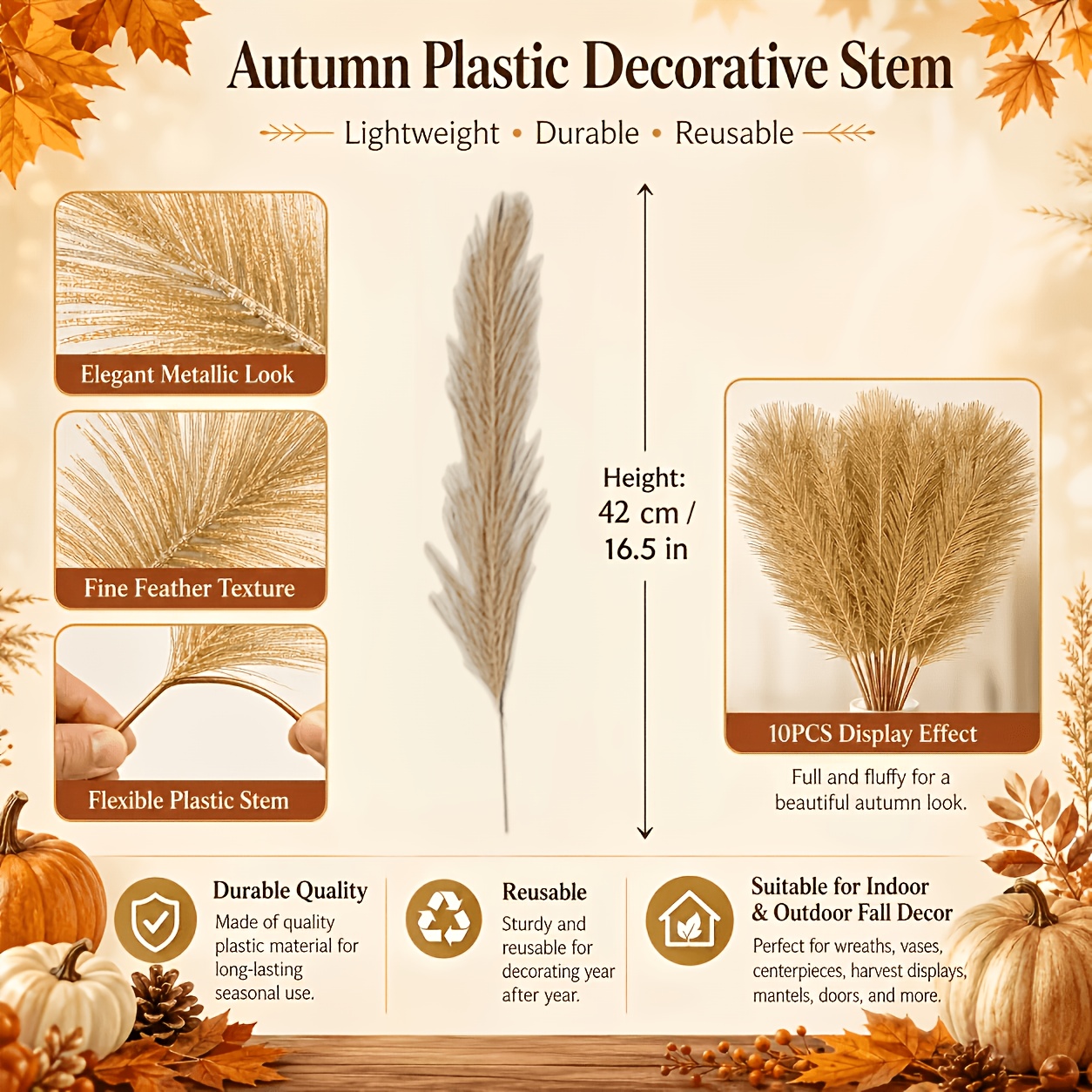 TEMU 17 branches décoratives artificielles dorées de qualité supérieure, couches denses à l' plume avec un éclat métallique élégant, parfaites pour
