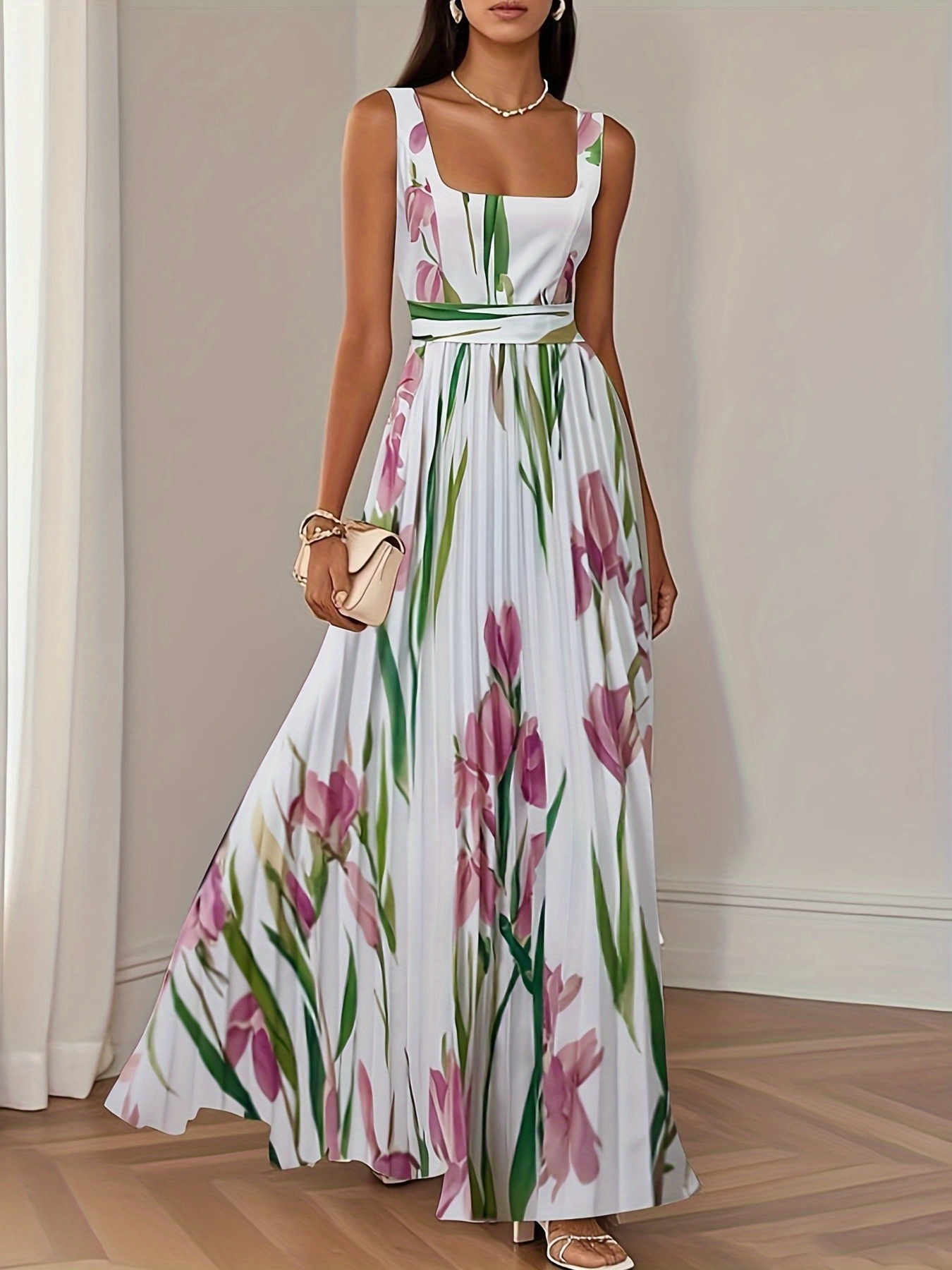 Vintage Tulip Pleated Spaghetti Suspender Dress, Summer Designer Niche  Sleeveless Midi Dress for Wedding Guests