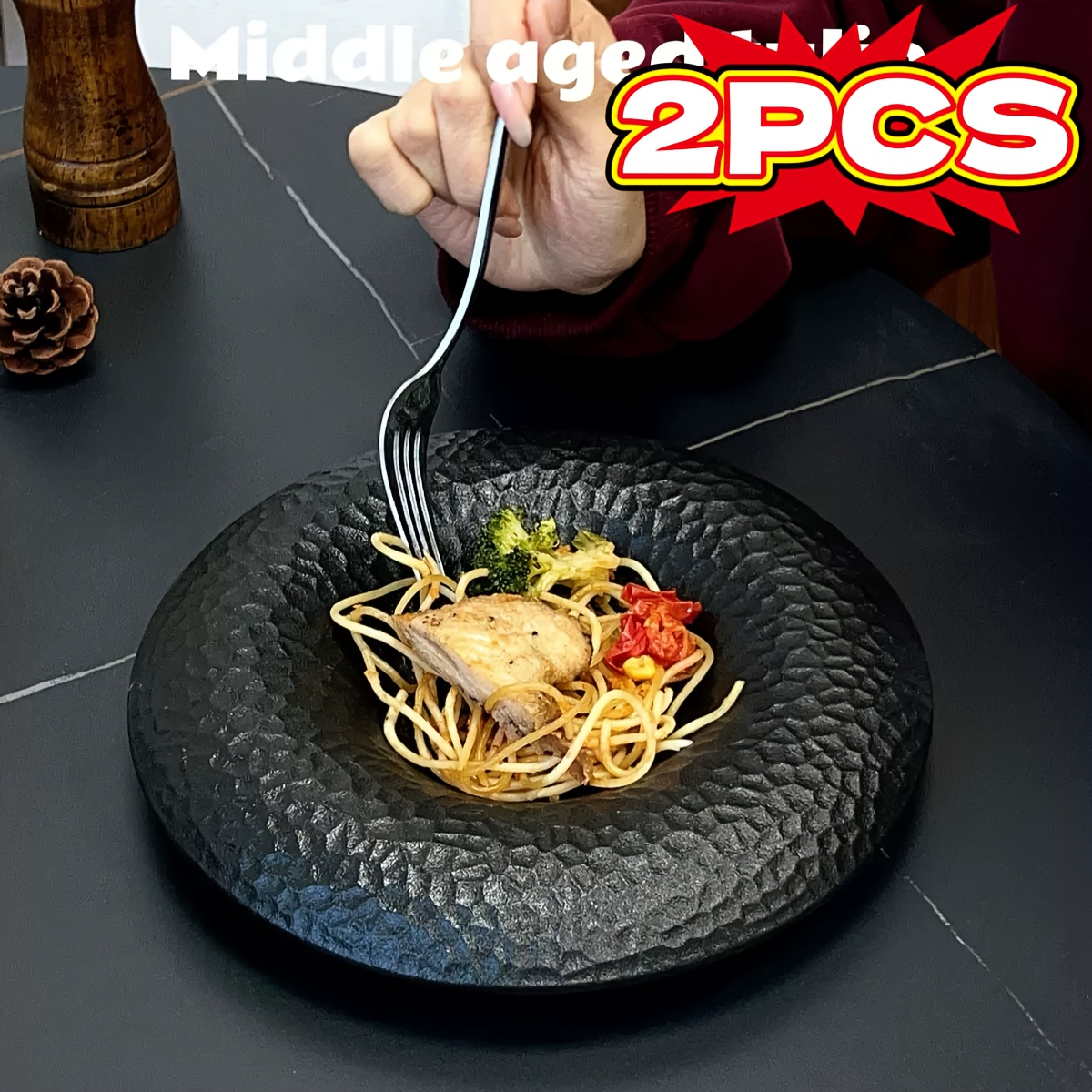 2 Elegant Black and White Ceramic Plates - Premium Tableware with Creative Hammered Design, Perfect for Western Cuisine Desserts Salads Home & Restaurants Artistic Straw Hat Style