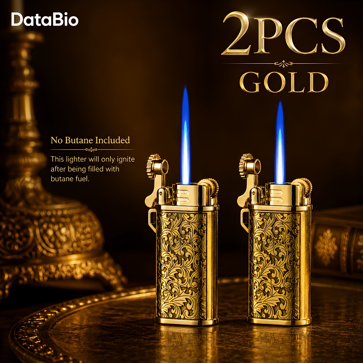 (no Butane) 2-pack Butane Lighters, Refillable Blue Flame Lighter With Embossed Metal Body, Pocket Lighters For Candles, Bbq, Camping, And Gifts, Without Battery