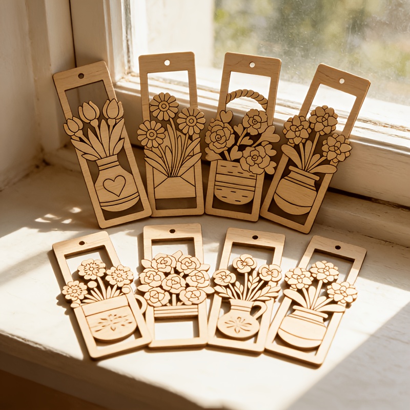 TEMU Natural Wooden Hollow-out Bookmarks, Blank Wooden Floral Bookmark Set, Paintable Hand-painted, Student Reading Gift, Home Decor, Diy Colorable