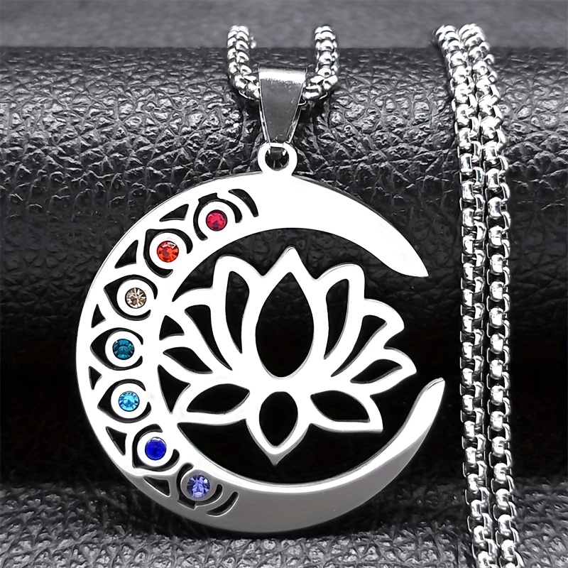 Image of Flower For Lotus Moon Pendant Necklace For Women Men Stainless Steel Silvery Chakra Balance Chain Jewelry N9725s02