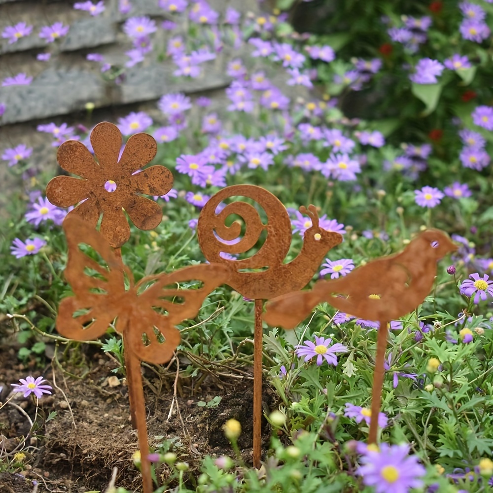 MANOPRANA 3er Set Rostige Metall-Deko - Bambus & Vögel Gartenstecker Für Terrasse & Balkon