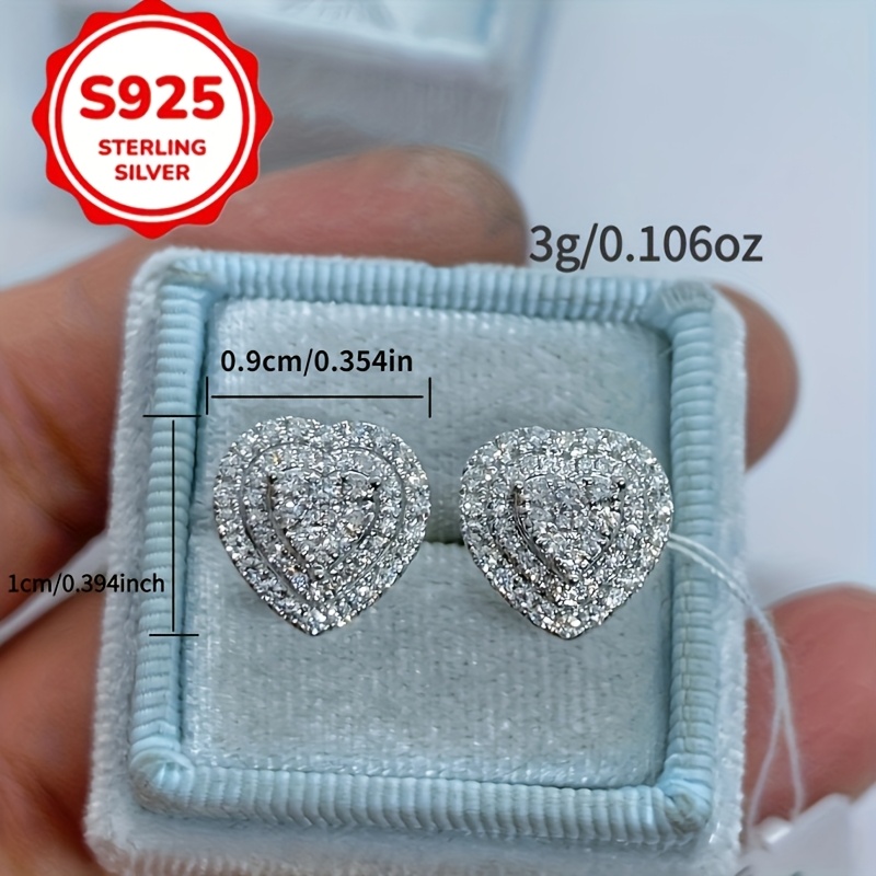 TEMU Elegant 925 Sterling Silver Heart-shaped Zirconia Stud Earrings, Luxurious Minimalist Style, Perfect Women's Gift For Or Parties, Love,
