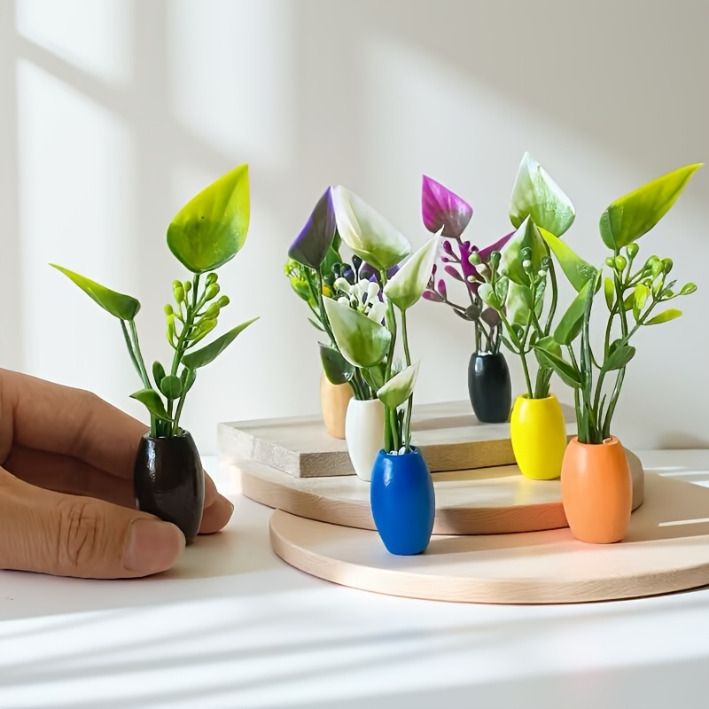 TEMU 10pcs Mini Artificial Potted Plants & Flowers - Realistic Miniature Decor With Assorted Colors & Patterns For Dollhouse Diorama, Micro-landscape