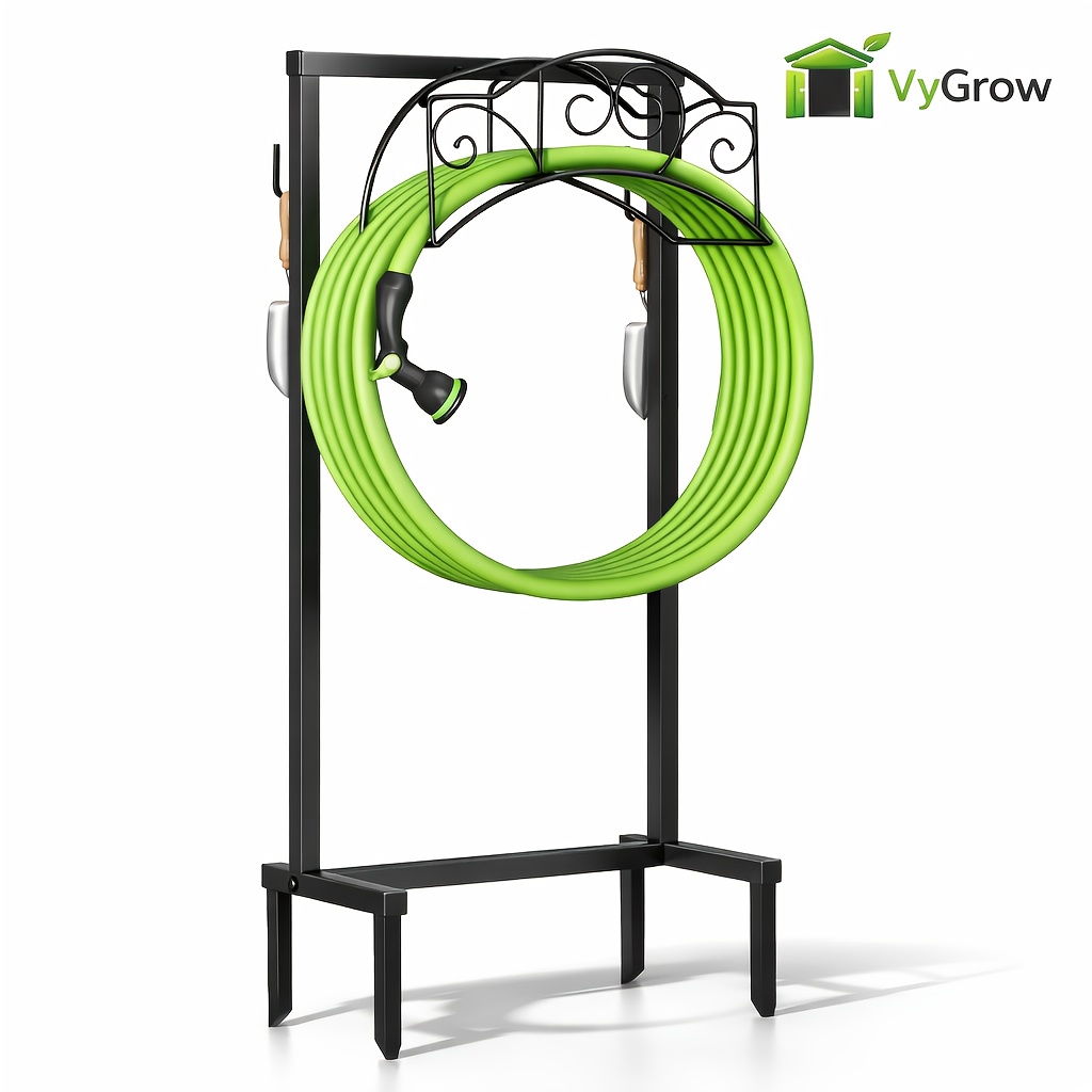 TEMU Vygrow Freestanding Garden Hose Holder Stand Heavy Duty Metal Water Hose Rack Outdoor Decorative Hose Storage Organizer With Ground Spikes For