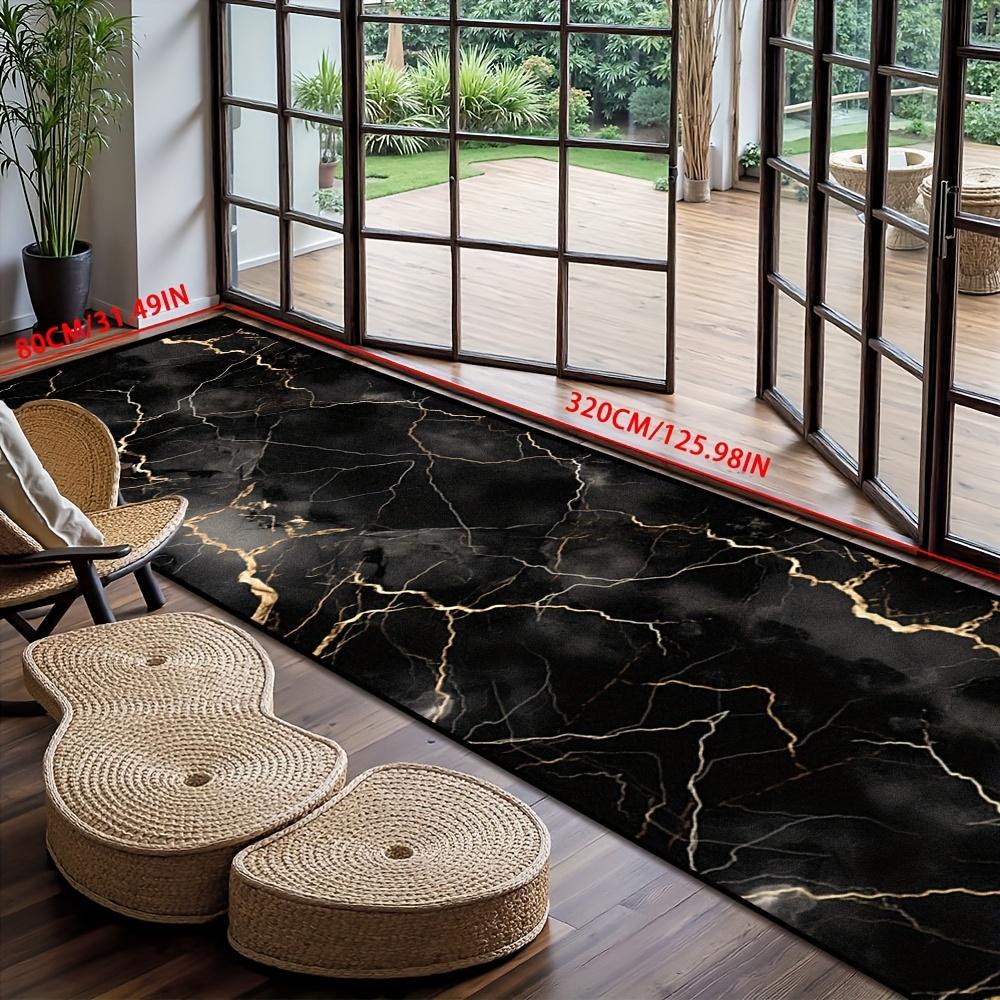 TEMU Golden Diamond Velvet Runner Rug, 1pc, Black Minimalist Marble Crackle Pattern,, Easy To Clean, With Golden Luxury Accents, Non-slip, Machine