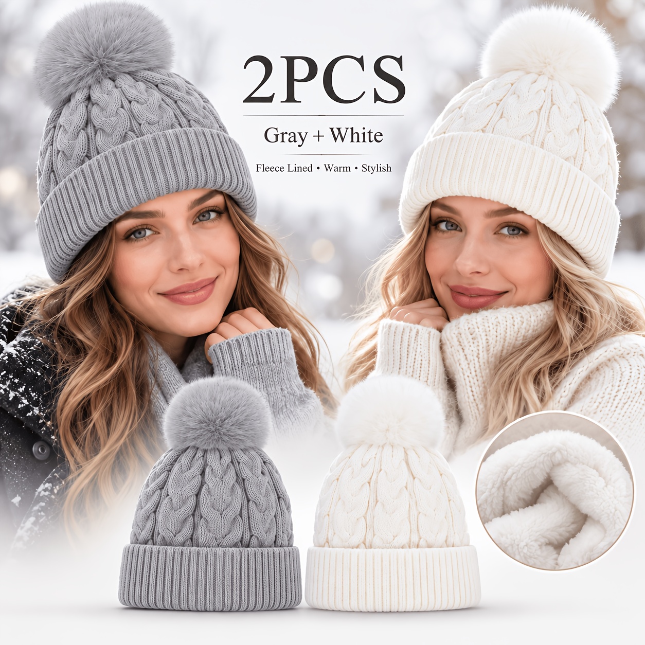 TEMU Lot de 2 bonnets d'hiver pour femme avec pompons, doublure polaire, épaissis, à torsades, doux et chauds, couleur unie, chapeau tendance pour