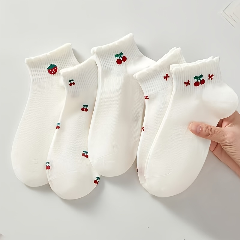 Image of 5 Pairs Of Women's Spring And Summer White Fruit Socks Strawberry And Simple, Beautiful, Comfortable And Versatile Socks