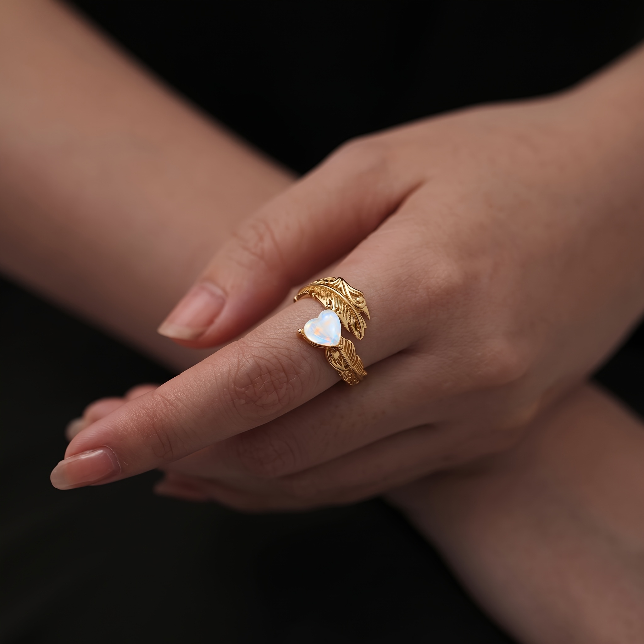 Vintage Feather Open Adjustable Heart Moonstone Ring