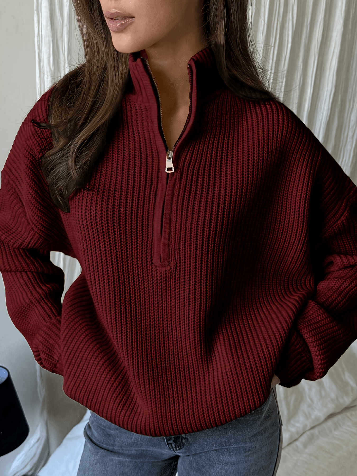 Women's Half-Zip Stand Collar Sweater, Loose Fit