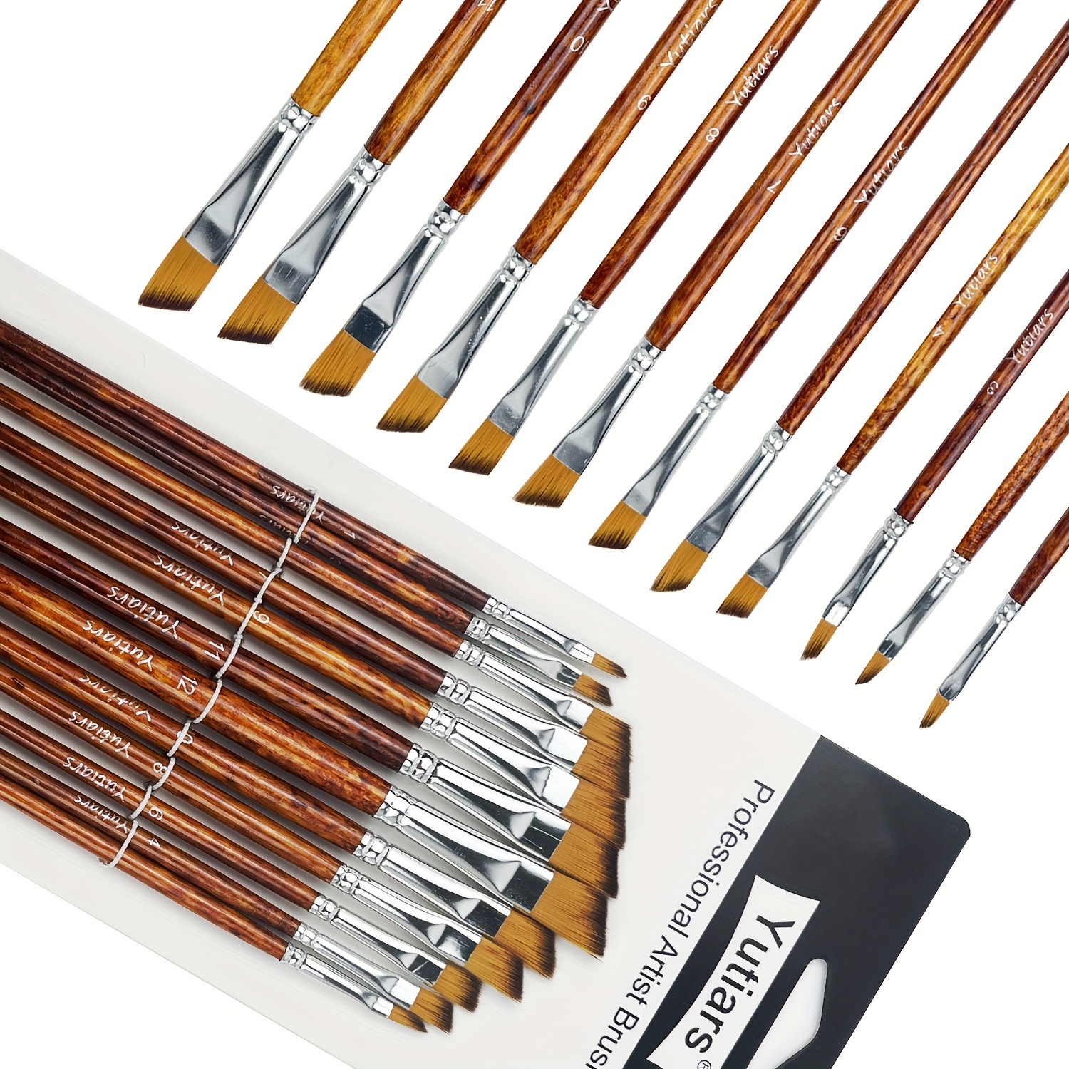 Image of Set Of 12 Angled Paintbrushes With Tips, Featuring Nylon Bristles And Long Handles, Ideal For Professional Artists Working With Acrylics, Watercolors, Gouache, And Oils