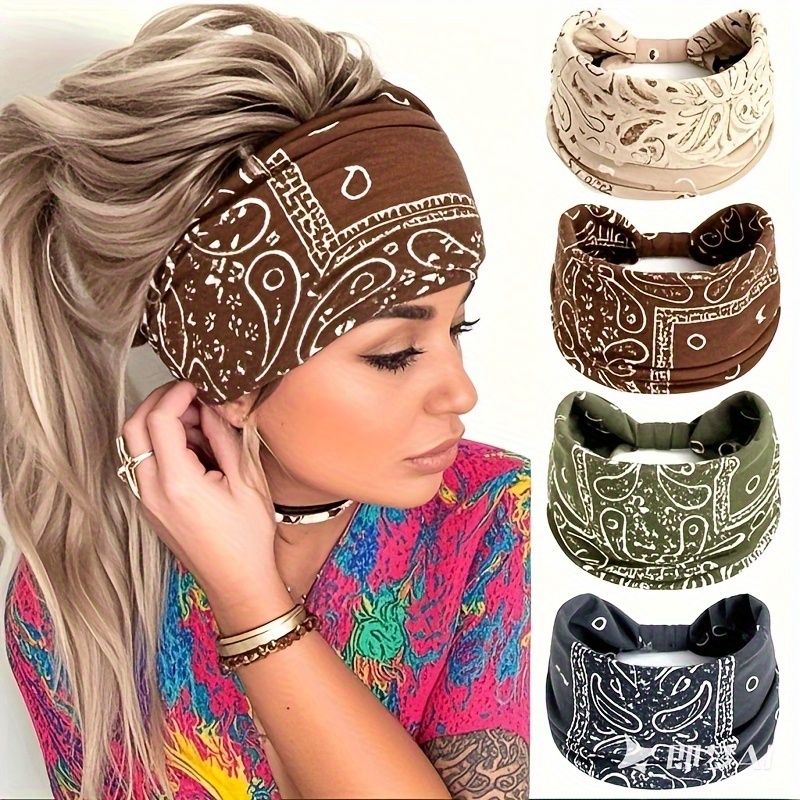 TEMU 4pcs Vintage Paisley Headbands For Women - Bohemian Style Colorful Elastic Hair Accessories & Face Coverings, Sweat-wicking For Sports, Workouts, Casual Outfits, Boho Chic Accessory