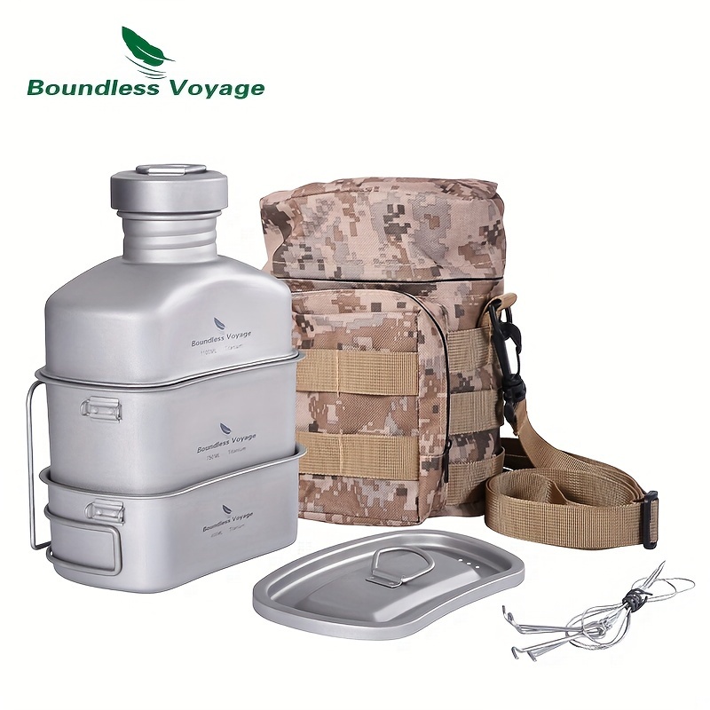 Image of Voyage Titanium Camping Cookware Set - 1l Outdoor Sports Water Kettle Kit, Foldable Mess Kit, Large Capacity Camp Pot And Pan, Portable Hiking Cooking Gear, Ultralight Backpacking Utensils