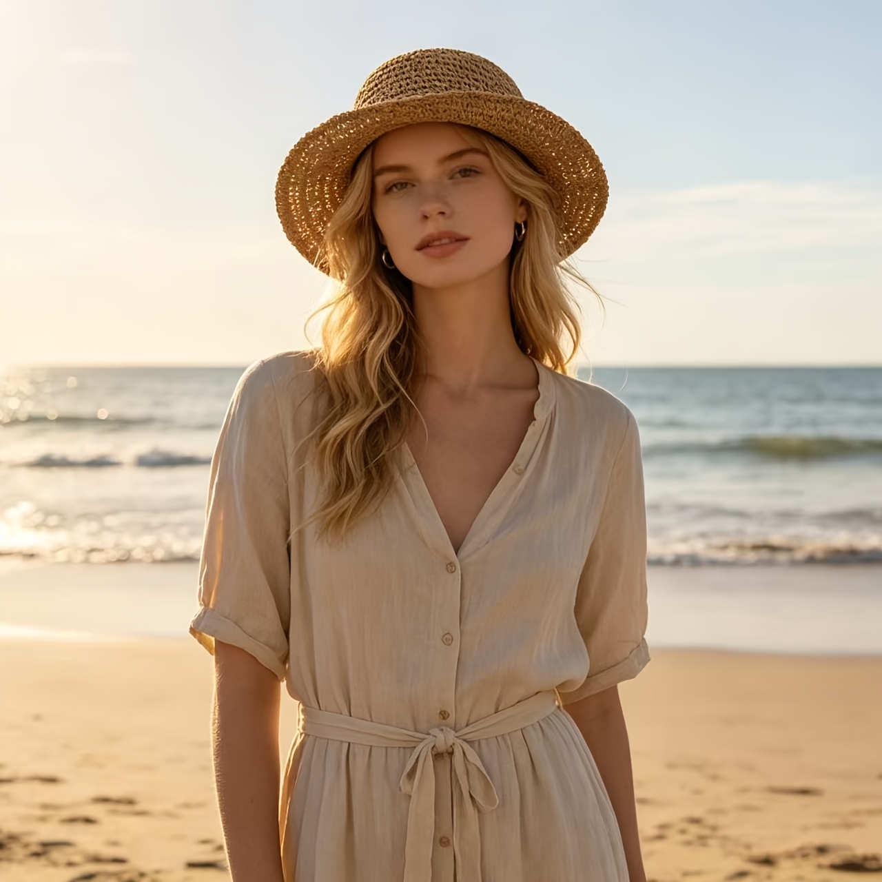 TEMU 1pc Women's Straw Sun Hat, Bohemian Casual Elegant Style, Hand- Exquisite Details, Wide Brim Foldable Bucket Hat For Asy Storage, Suitable For