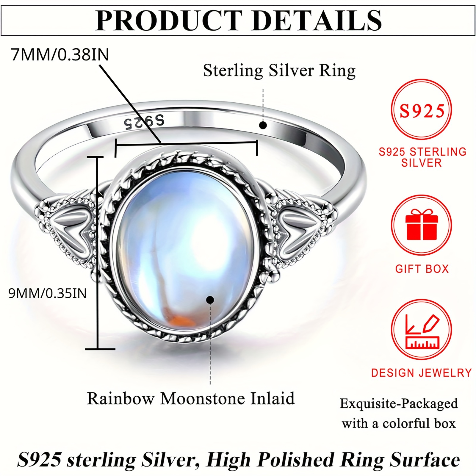 elegant vintage style 925 silvery heart   with shiny oval   design for ladies fashion   ring for banquet   perfect gift with gift box weight 2 5g details 2