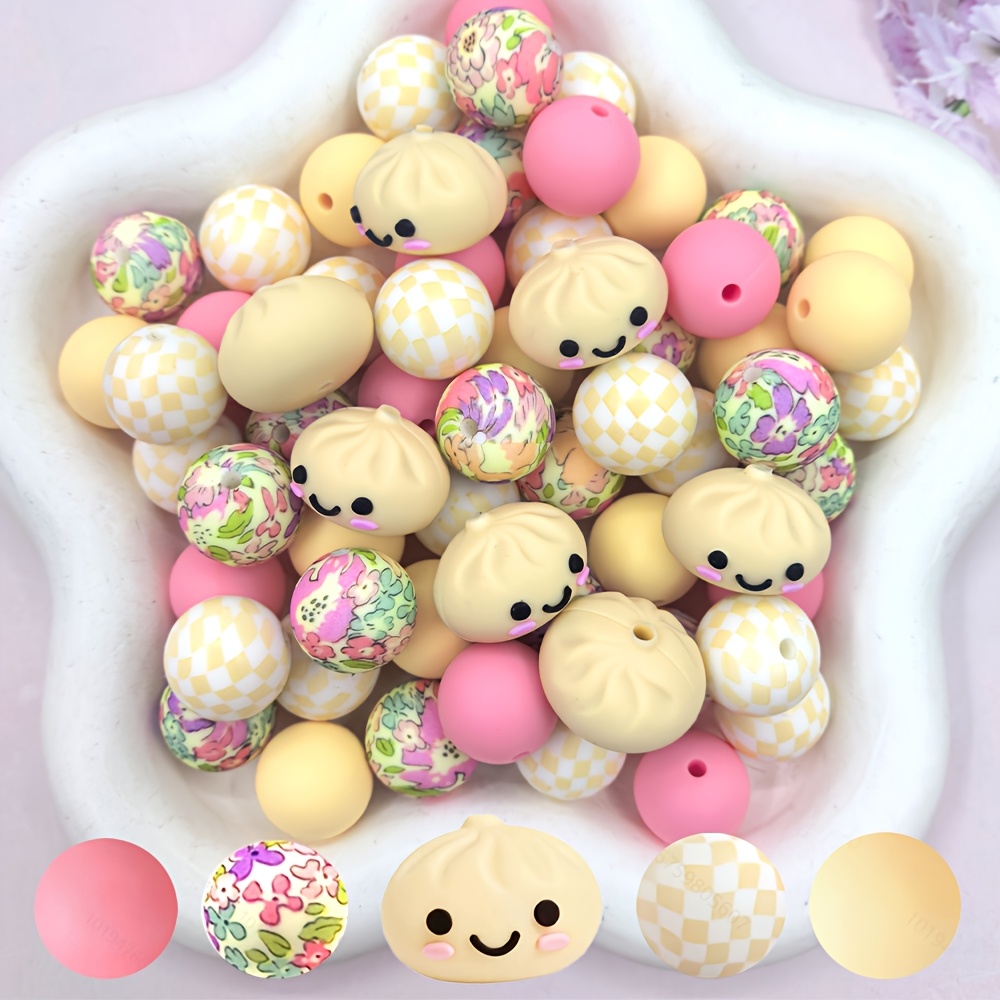 TEMU 25pcs Silicone Bead Set: Baozi-shaped Beads And 15mm Floral Printed Silicone Round Beads Set For Jewelry Decoration, Handmade Additions, Bead